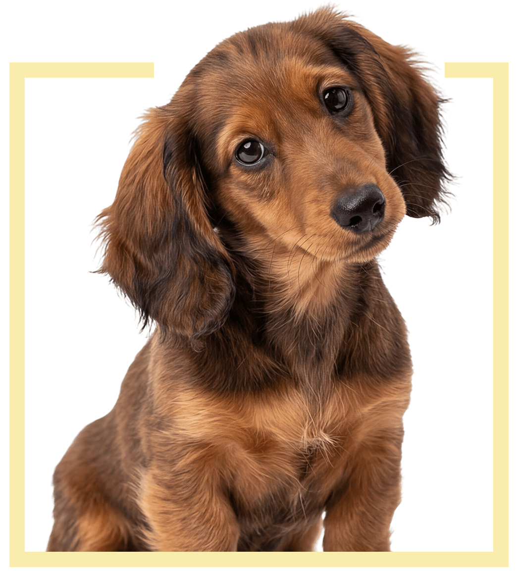 curious brown puppy in yellow box